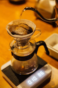 High angle view of coffee cup on table