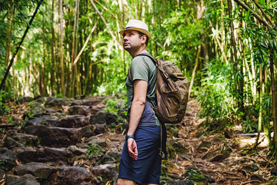 Man with a backpack walking through the green lush forest with bamboo trees