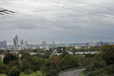 Aerial view of buildings in city against sky