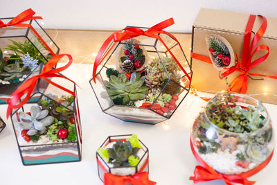 High angle view of christmas decorations on table