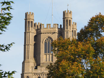 Low angle view of trees and building against sky