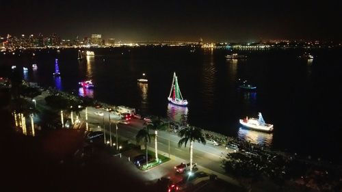 High angle view of illuminated city at night