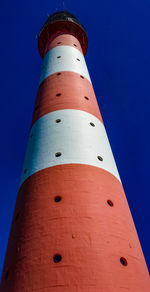 Low angle view of lighthouse against clear blue sky