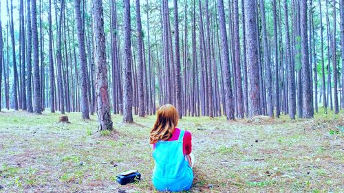 Rear view of man standing on field in forest