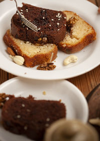 High angle view of cake in plate on table