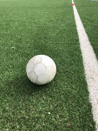 High angle view of soccer ball on field