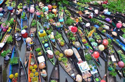 High angle view of boats moored in lake