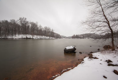 Scenic view of snow covered lake against sky