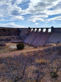 Scenic view of dam against sky