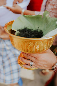 Cropped hand carrying hair in container