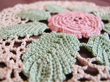 Close-up of crochet of tablecloth