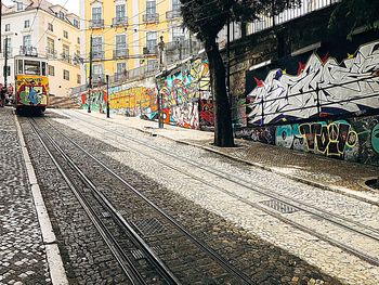 Graffiti on railroad tracks by building