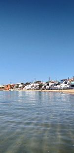 Scenic view of sea against clear blue sky