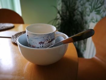 Close-up of tea cup on table