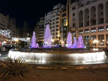 Illuminated fountain at night