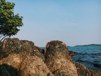 Rock formations by sea against clear sky