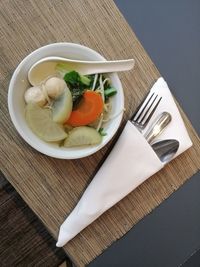 High angle view of food in plate on table