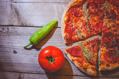 High angle view of pizza on table