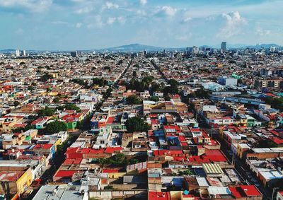 High angle view of buildings against sky