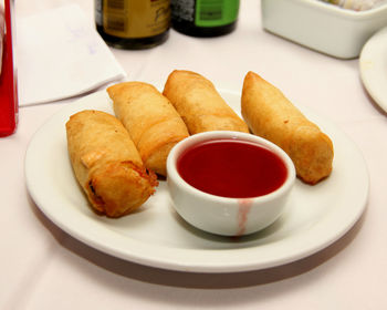 High angle view of food served in plate on table