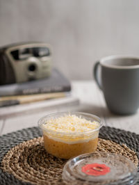 Cheese dessert cup served on table