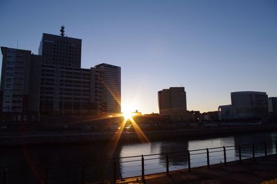 Sun shining through buildings