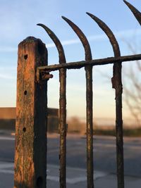 Close-up of wooden post on sea against sky