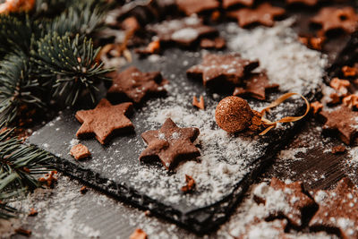 High angle view of christmas tree on table