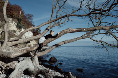 Woman on bare tree by sea