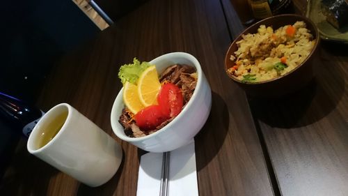 Close-up of food served on table