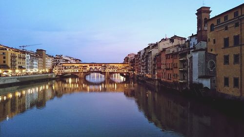 Bridge over river with buildings in background