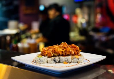 Close-up of food in plate on table in restaurant