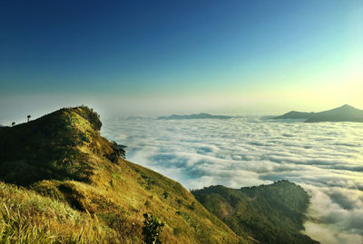 Scenic view of sea against clear blue sky