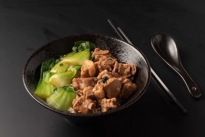 High angle view of food in bowl on table