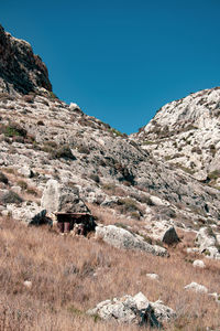 Scenic view of rocky mountains against clear blue sky