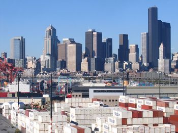 Cityscape against clear sky