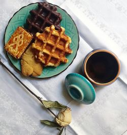 High angle view of breakfast on table