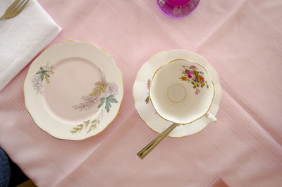 High angle view of tea served on table