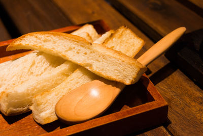 Close-up of bread slices with wooden spoon