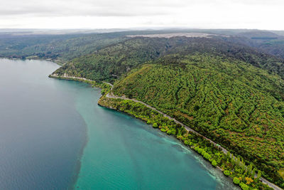 High angle view of bay against sky