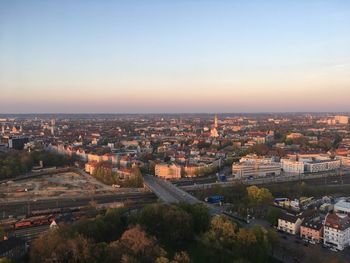 High angle view of townscape against sky at sunset