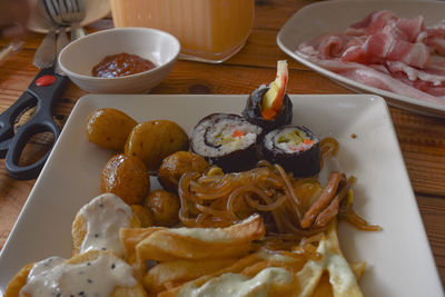 High angle view of meal served on table