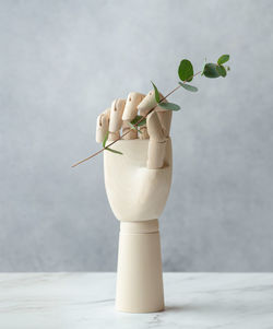 Wooden hand with eucalyptus on a gray background