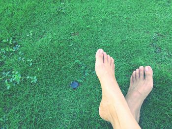 Cropped view of human feet in grassy field