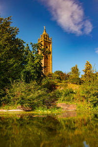 Low angle view of building by lake against sky