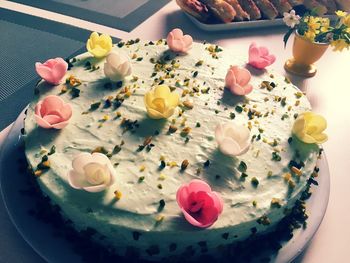 High angle view of cake served on table