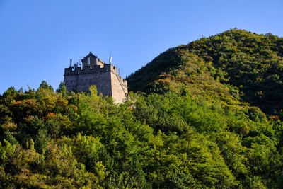 Low angle view of building against clear blue sky