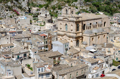 High angle view of houses in town