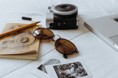 High angle view of objects on table