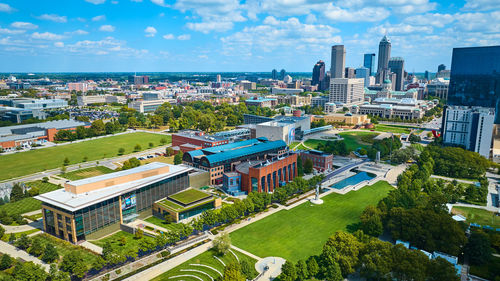 High angle view of cityscape against sky